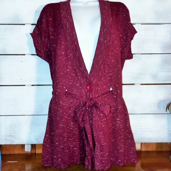 new directions Sweaters - Maroon Red Short-Sleeve Cardigan Sweater V-Neck